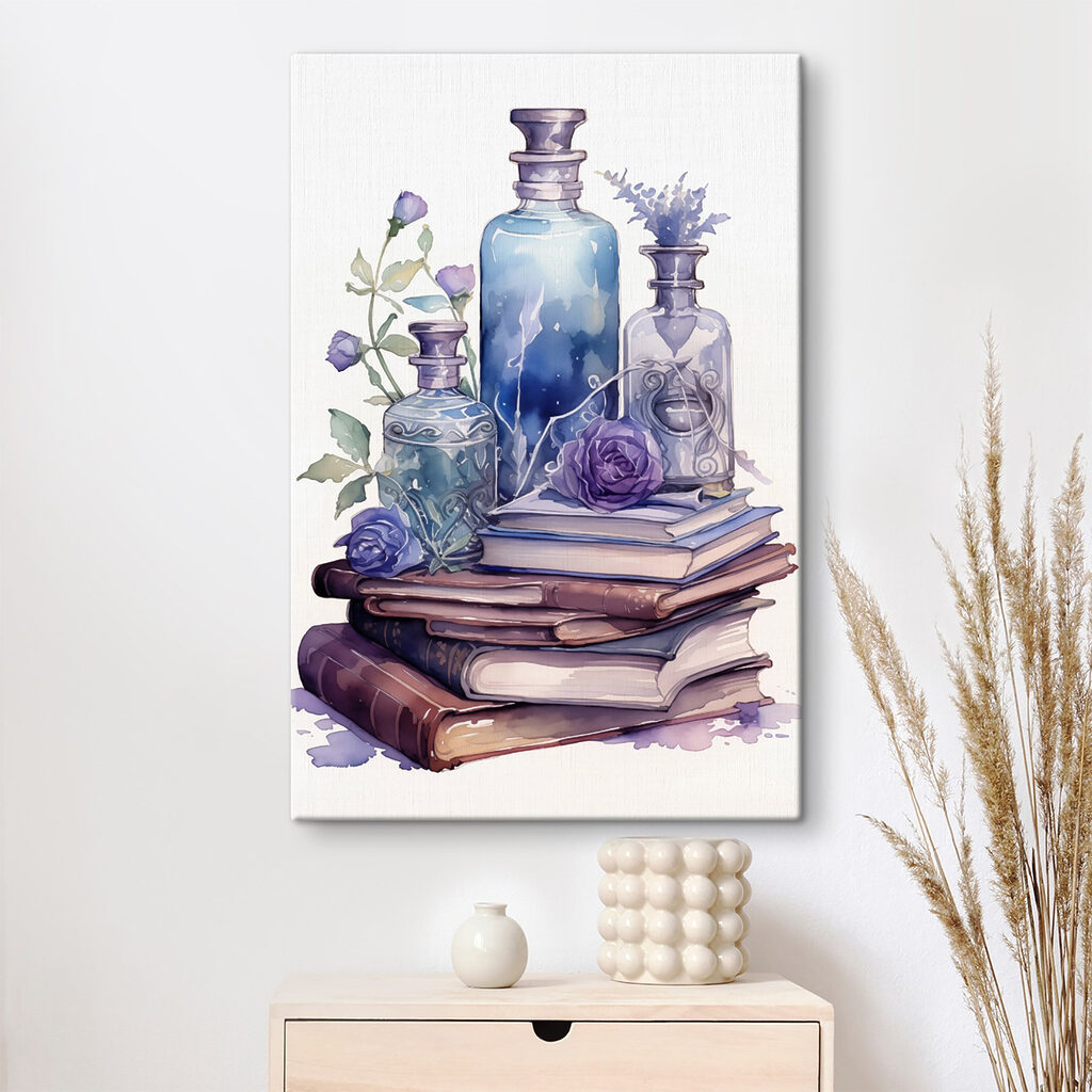 Paarse flessen op boeken — interieur 2