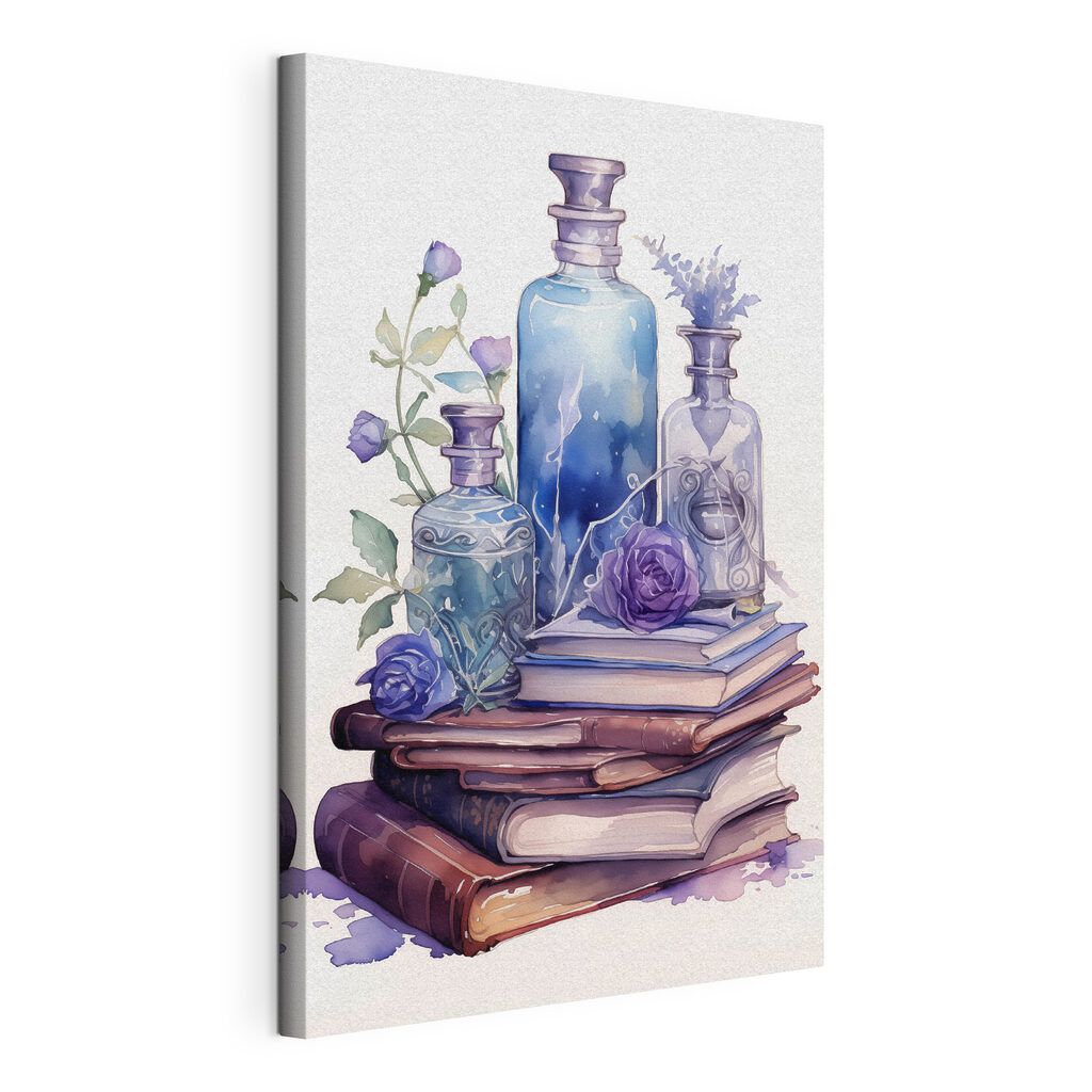 Paarse flessen op boeken, gespannen canvas met doorlopende rand