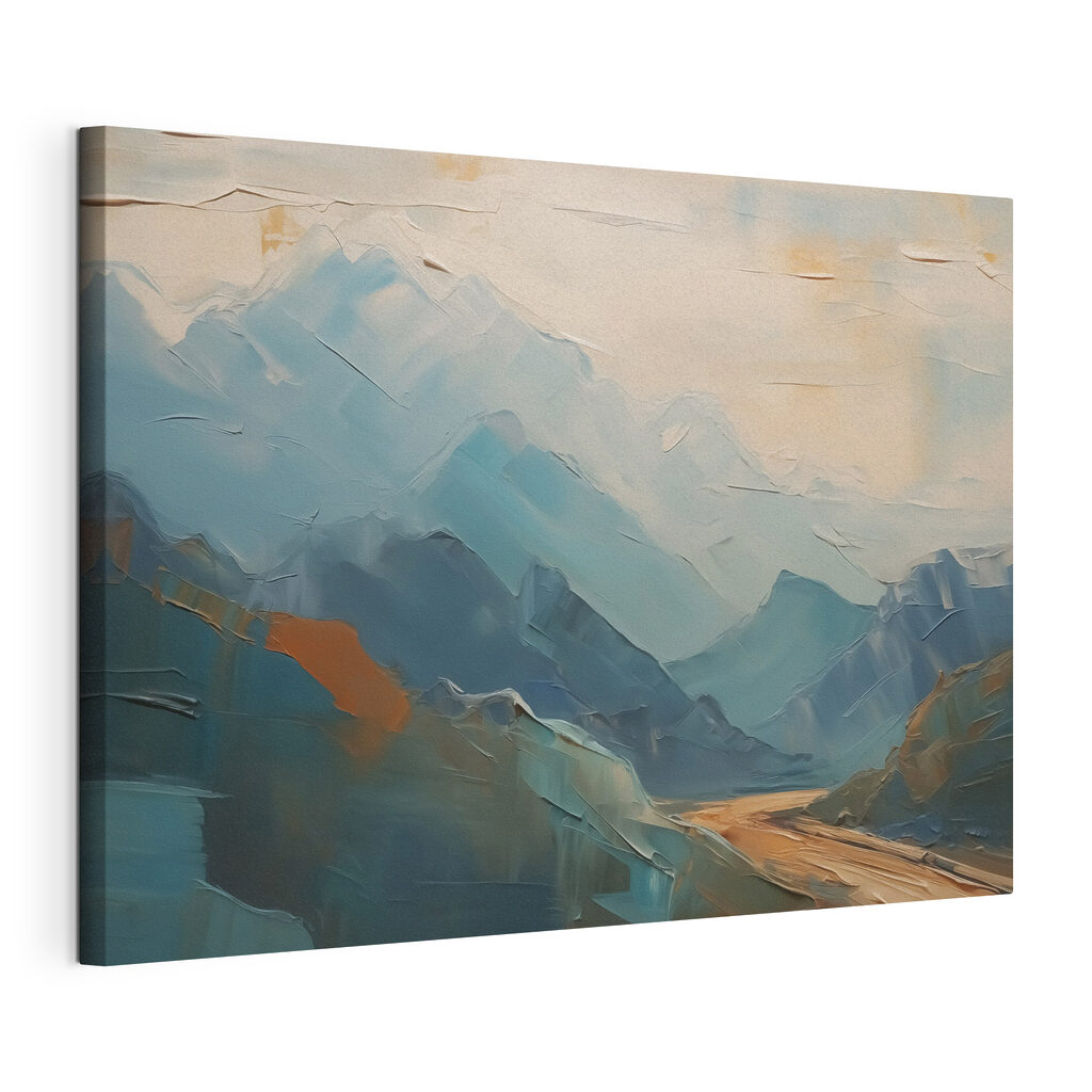 Blauwe bergen met okerpad, gespannen canvas met doorlopende rand