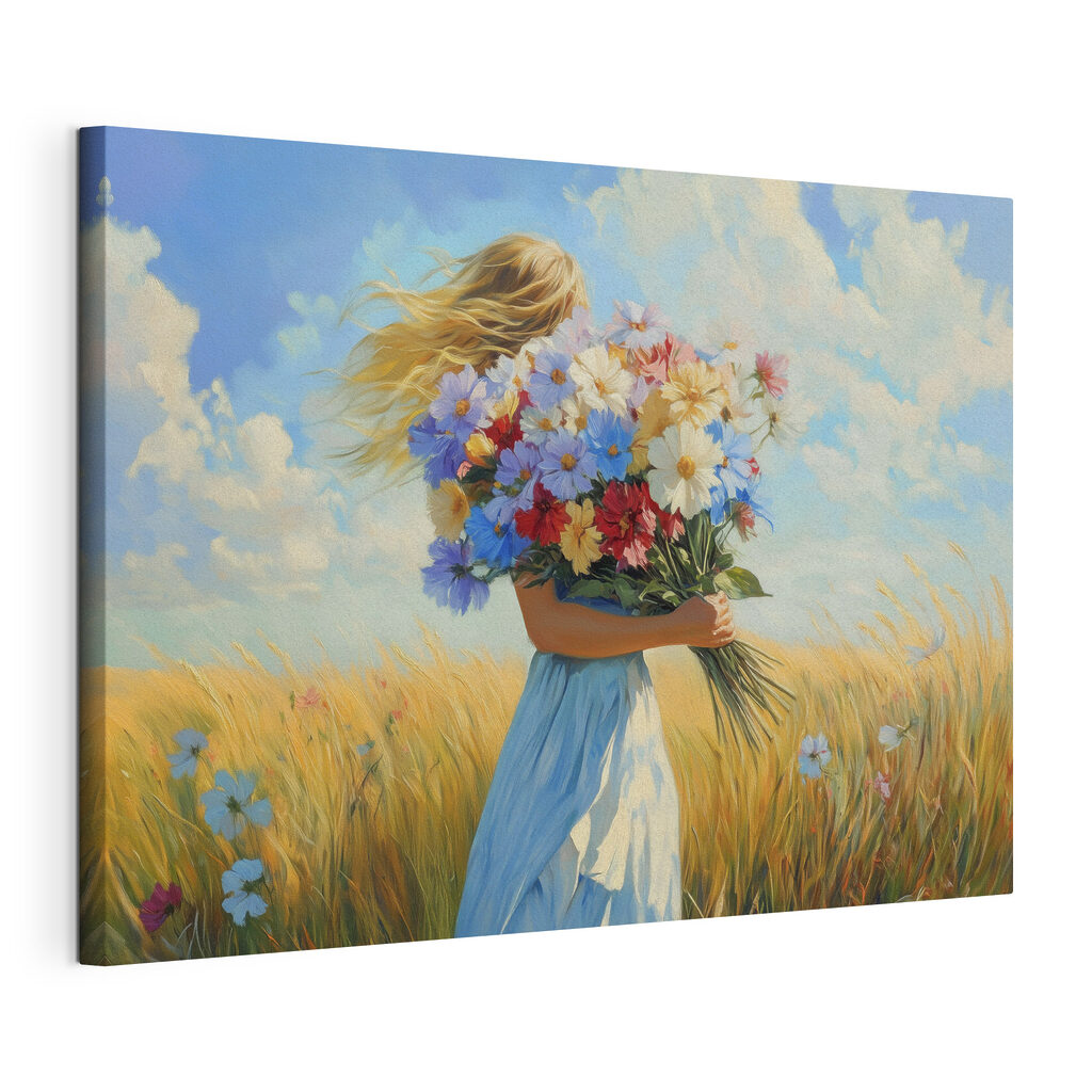 Bloemenboeket in de zomerweide, gespannen canvas met doorlopende rand