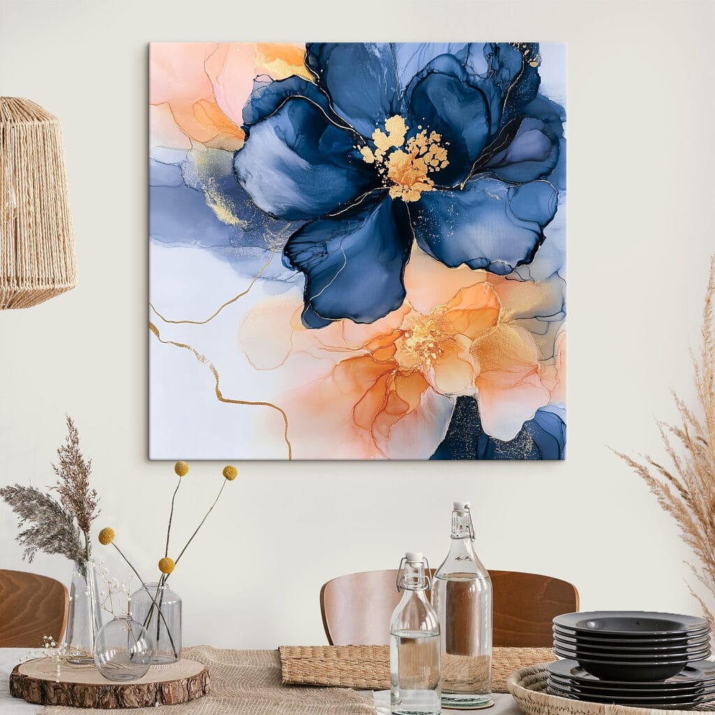 Blauwe bloem tussen perzikvlekken — interieur 2