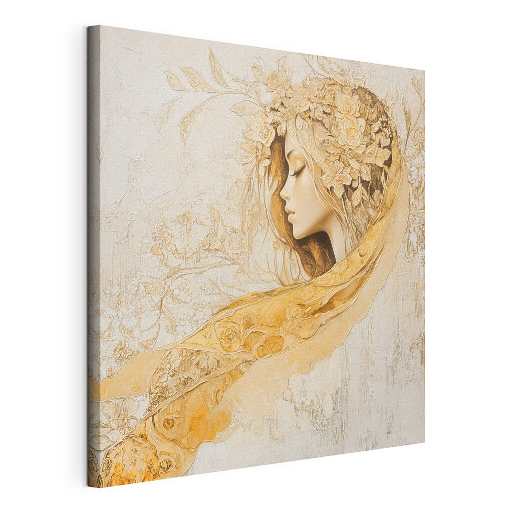 Vrouwenprofiel met gouden sluier, gespannen canvas met doorlopende rand