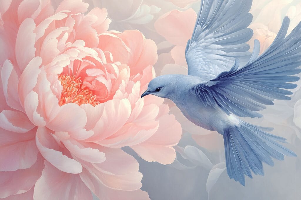 Vogel bij roze pioen — volledig ontwerp