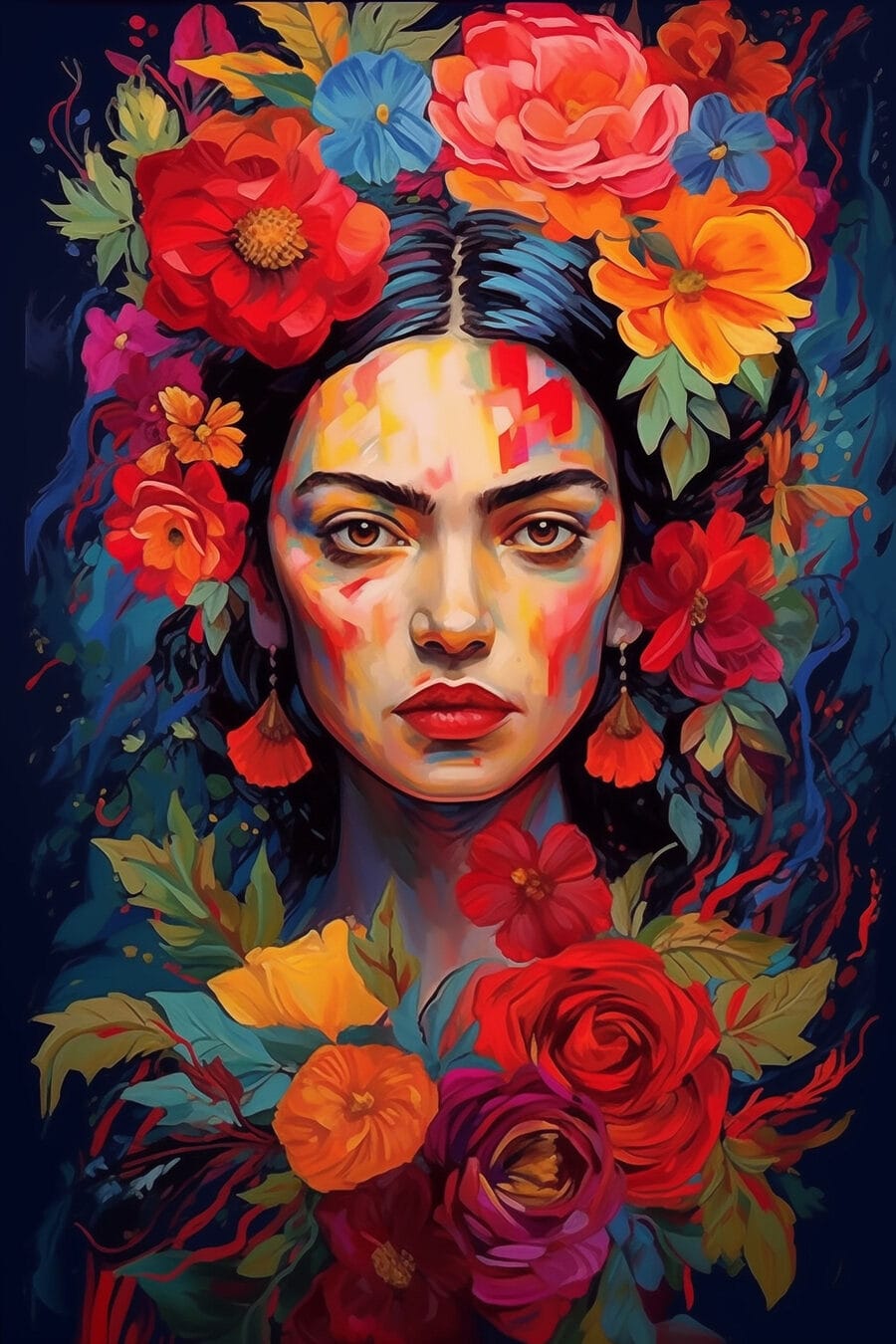 Frida tussen vurige bloemen — volledig ontwerp