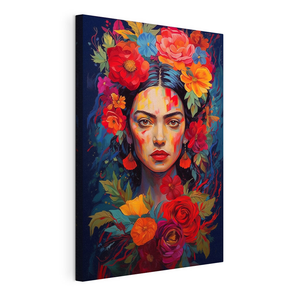Frida tussen vurige bloemen, gespannen canvas met doorlopende rand