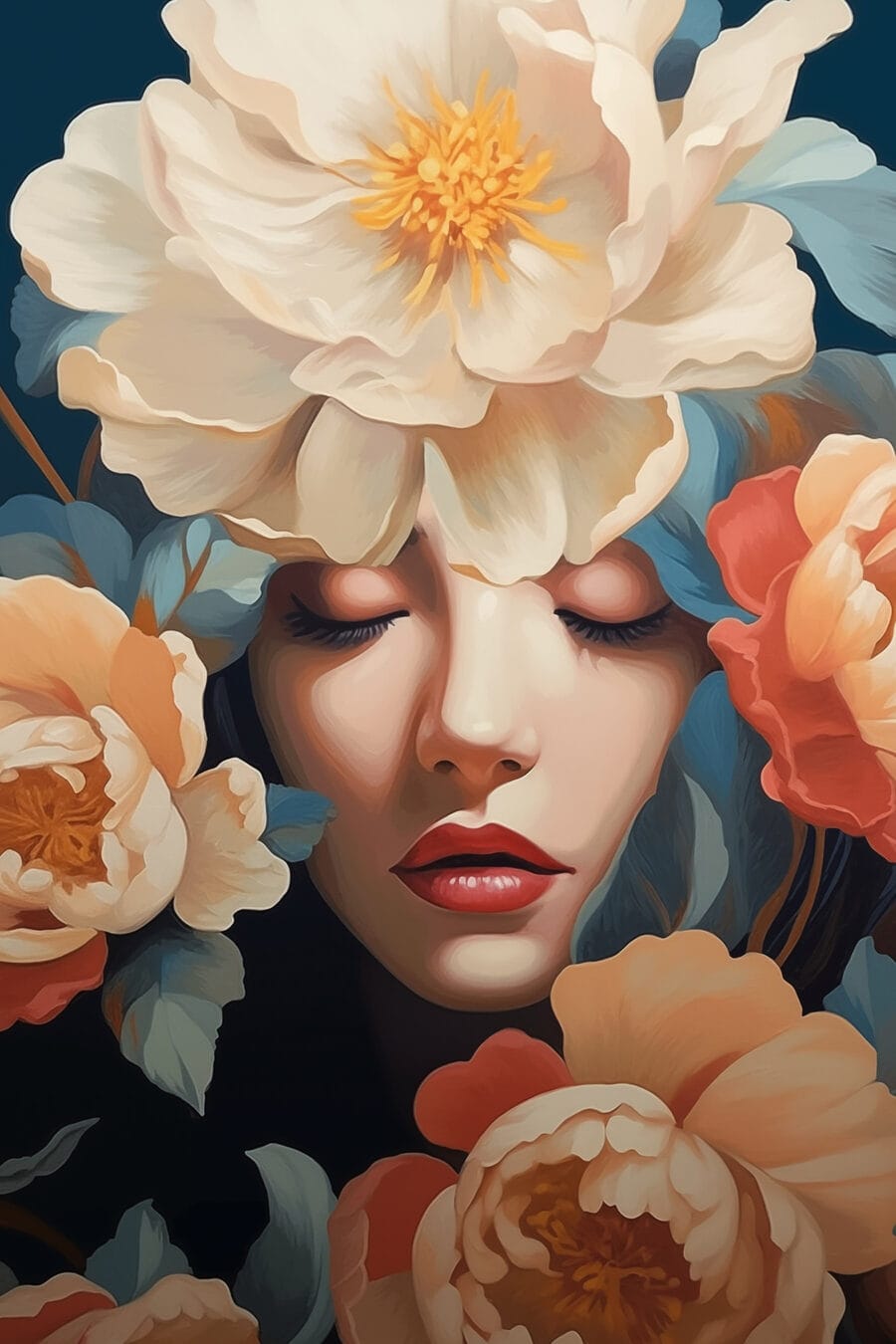 Vrouw tussen perzikkleurige bloemen — volledig ontwerp