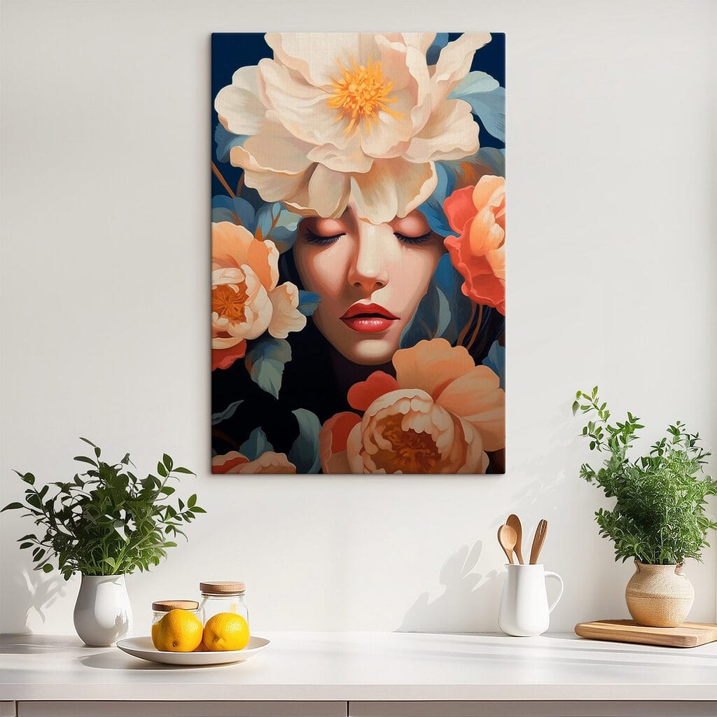Vrouw tussen perzikkleurige bloemen — interieur 2