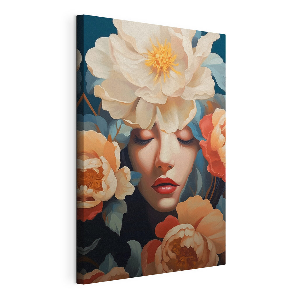 Vrouw tussen perzikkleurige bloemen, gespannen canvas met doorlopende rand