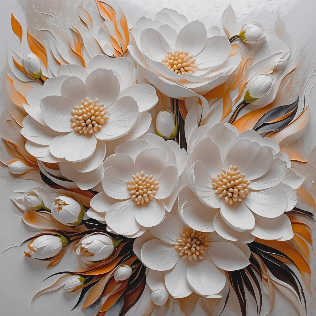 Witte bloemen, vlamvormige bladeren — volledig ontwerp