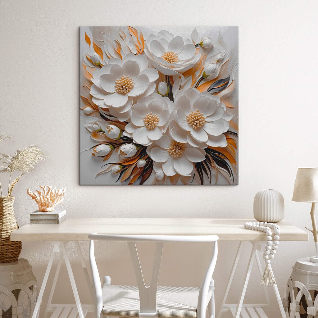 Witte bloemen, vlamvormige bladeren — interieur 1