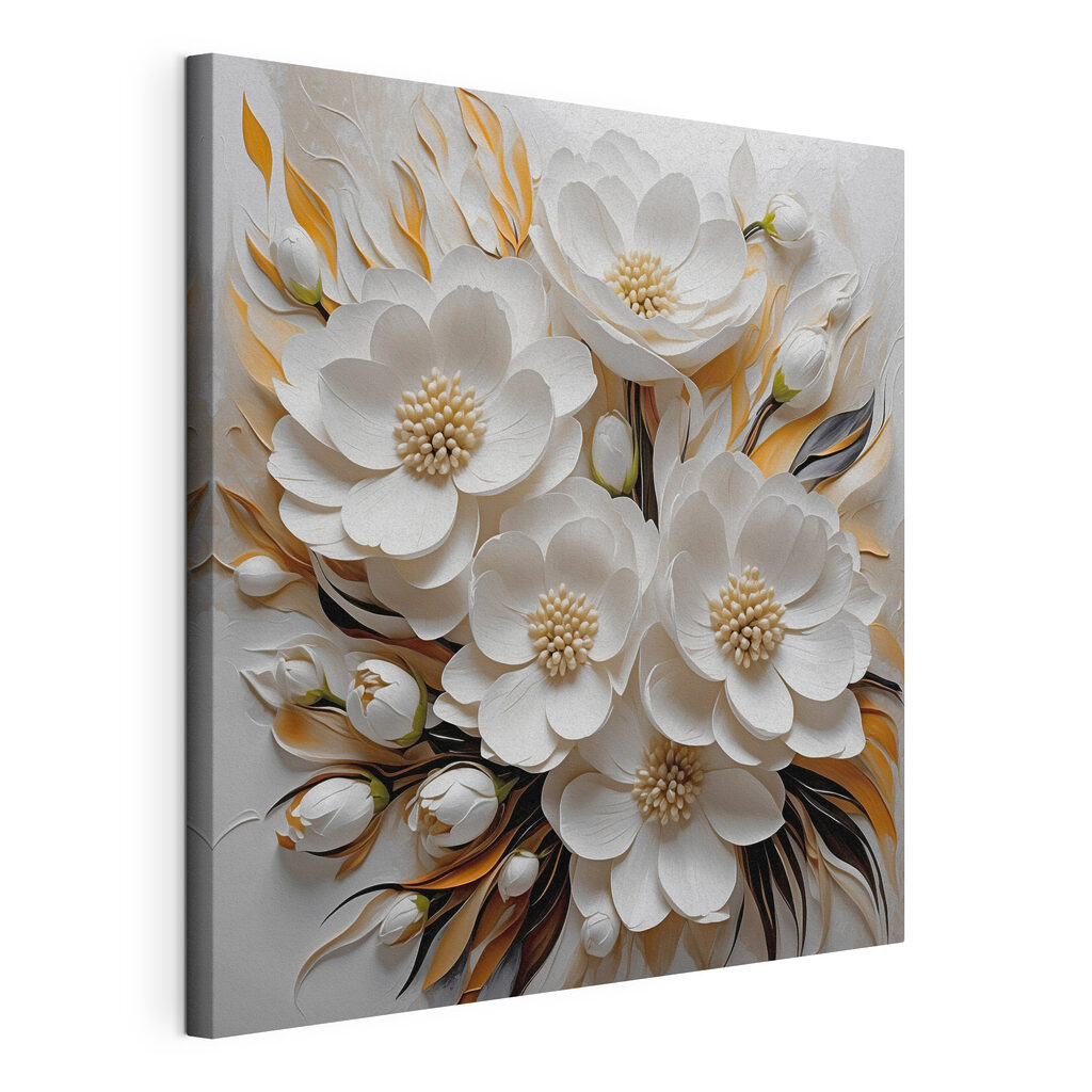 Witte bloemen, vlamvormige bladeren, gespannen canvas met doorlopende rand