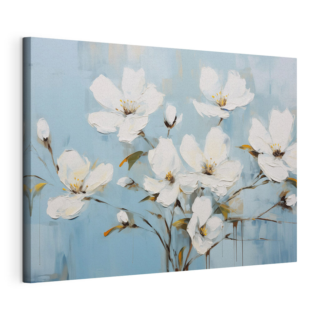 Witte takken op helderblauw, gespannen canvas met doorlopende rand