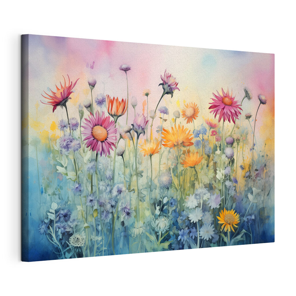 Veldbloemen onder roze ochtendlicht, gespannen canvas met doorlopende rand