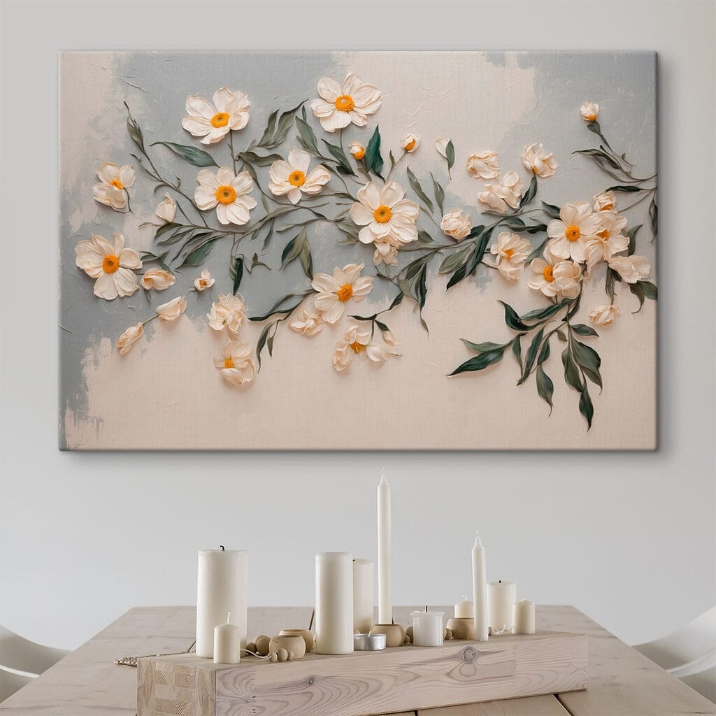 Witte bloesemtakken tegen warmgrijs — interieur 4