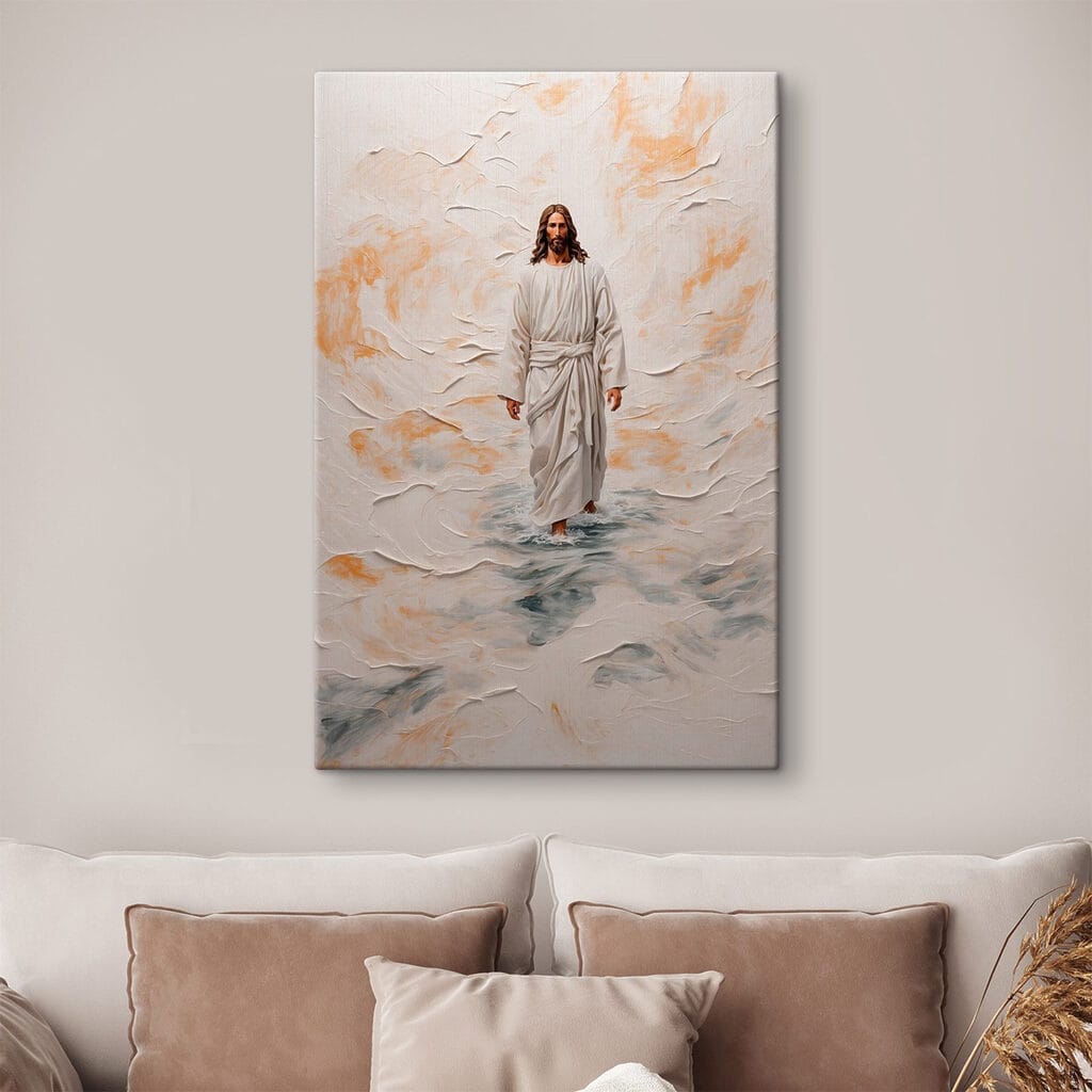 Schilderij van een man in een gewaad staand in water in een interieur