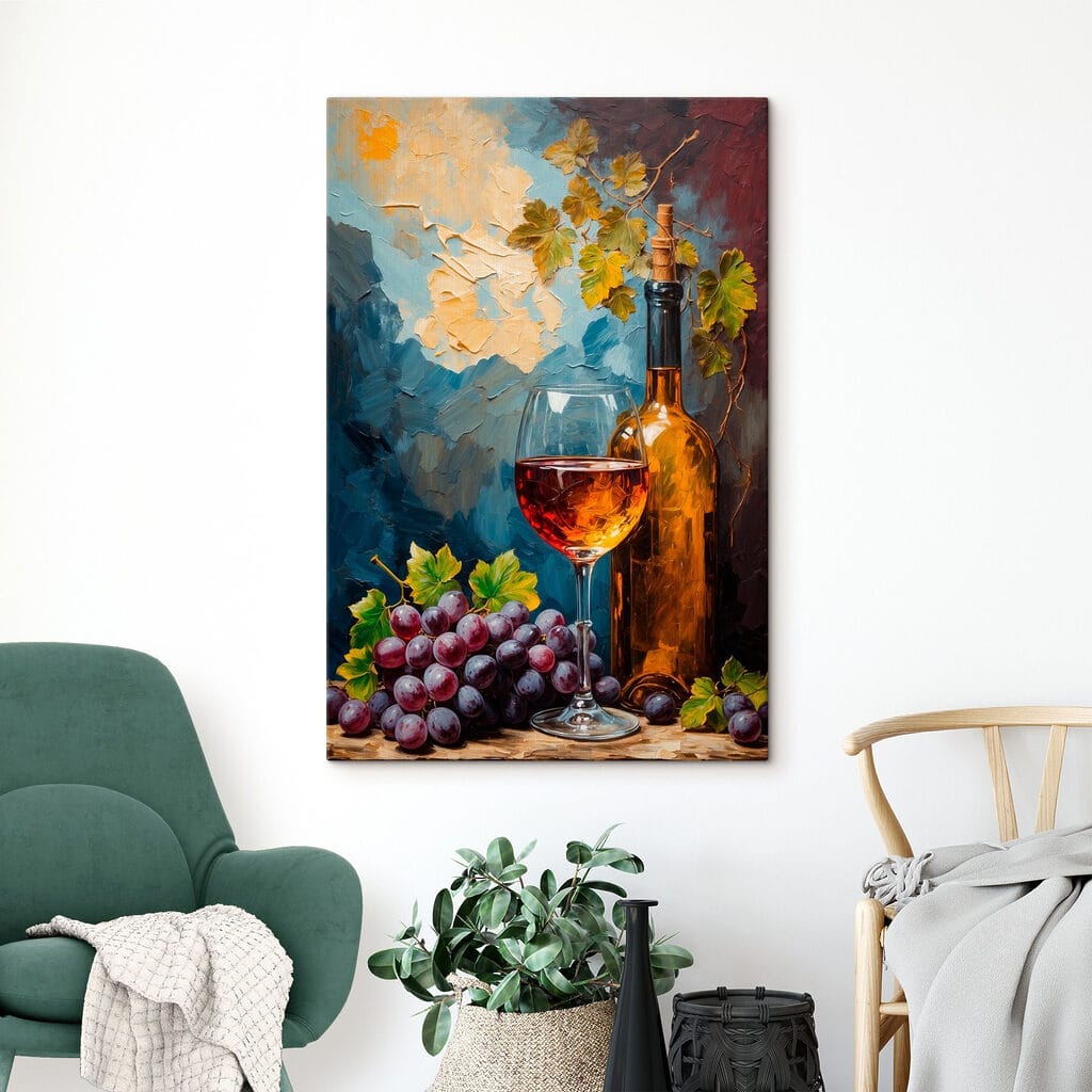 Wijnfles bij paarse druiven — interieur 1
