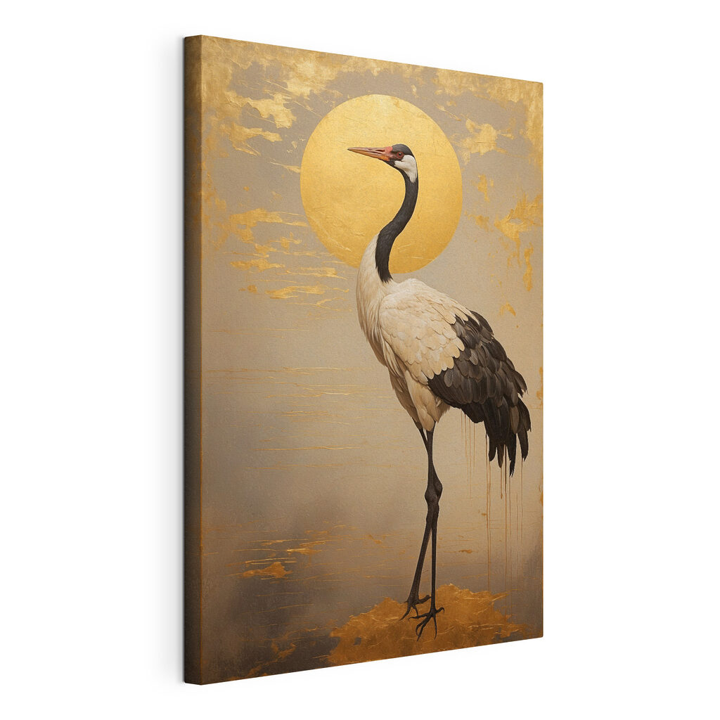 Kraanvogel voor gouden zon, gespannen canvas met doorlopende rand