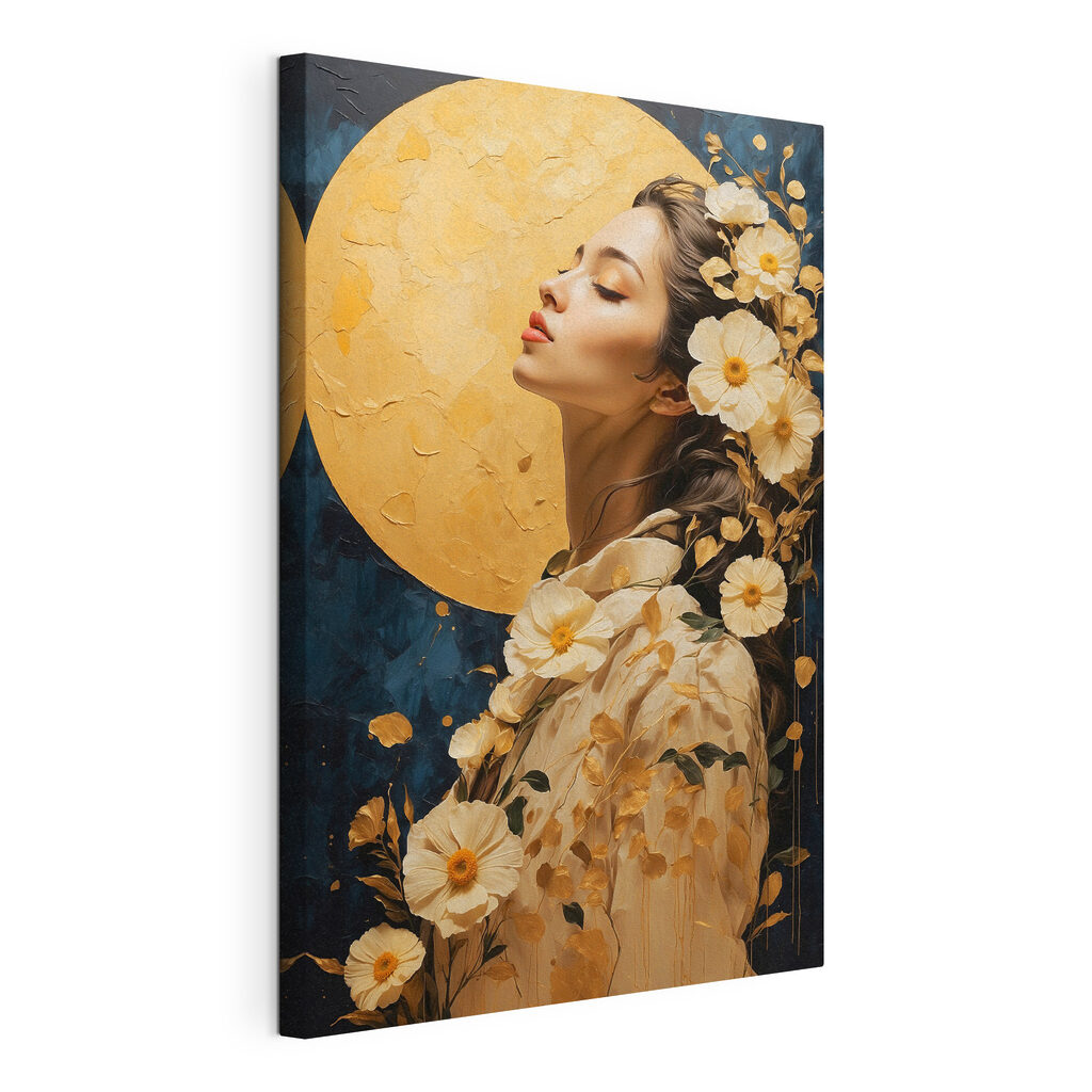 Bloemenvrouw bij volle maan, gespannen canvas met doorlopende rand