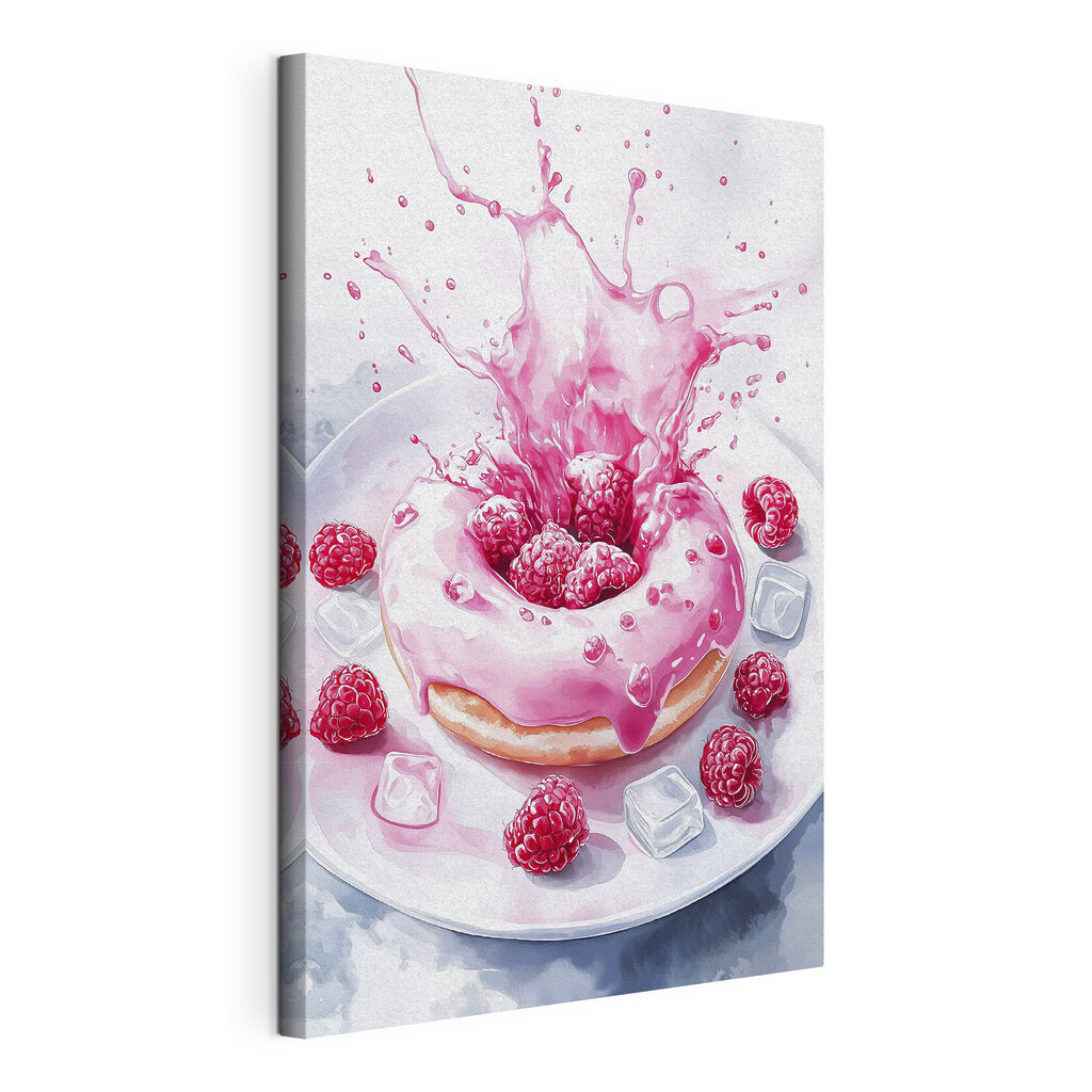 Frambozendonut met roze plons, gespannen canvas met doorlopende rand