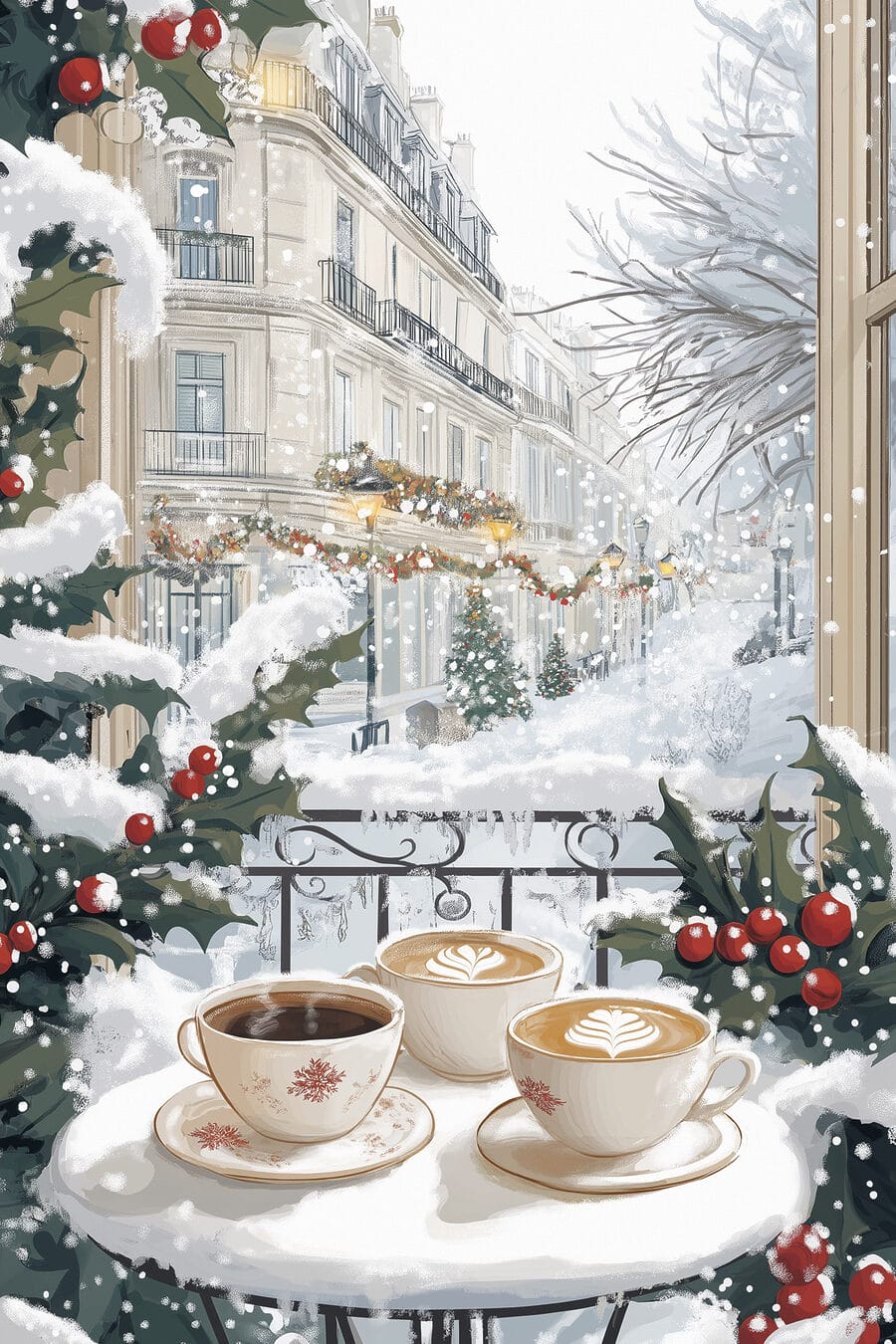 Koffietafel tussen besneeuwde hulsttakken — volledig ontwerp