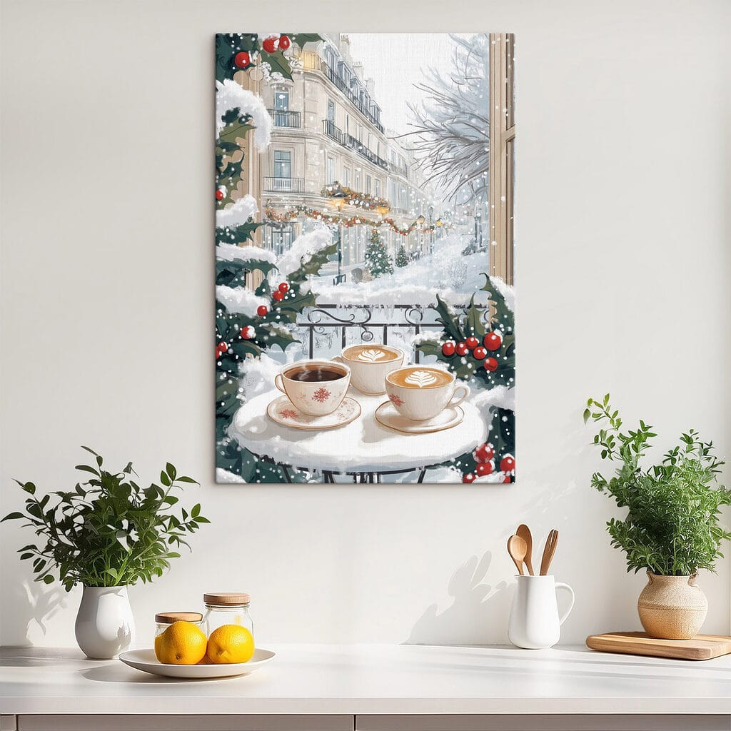 Koffietafel tussen besneeuwde hulsttakken — interieur 2