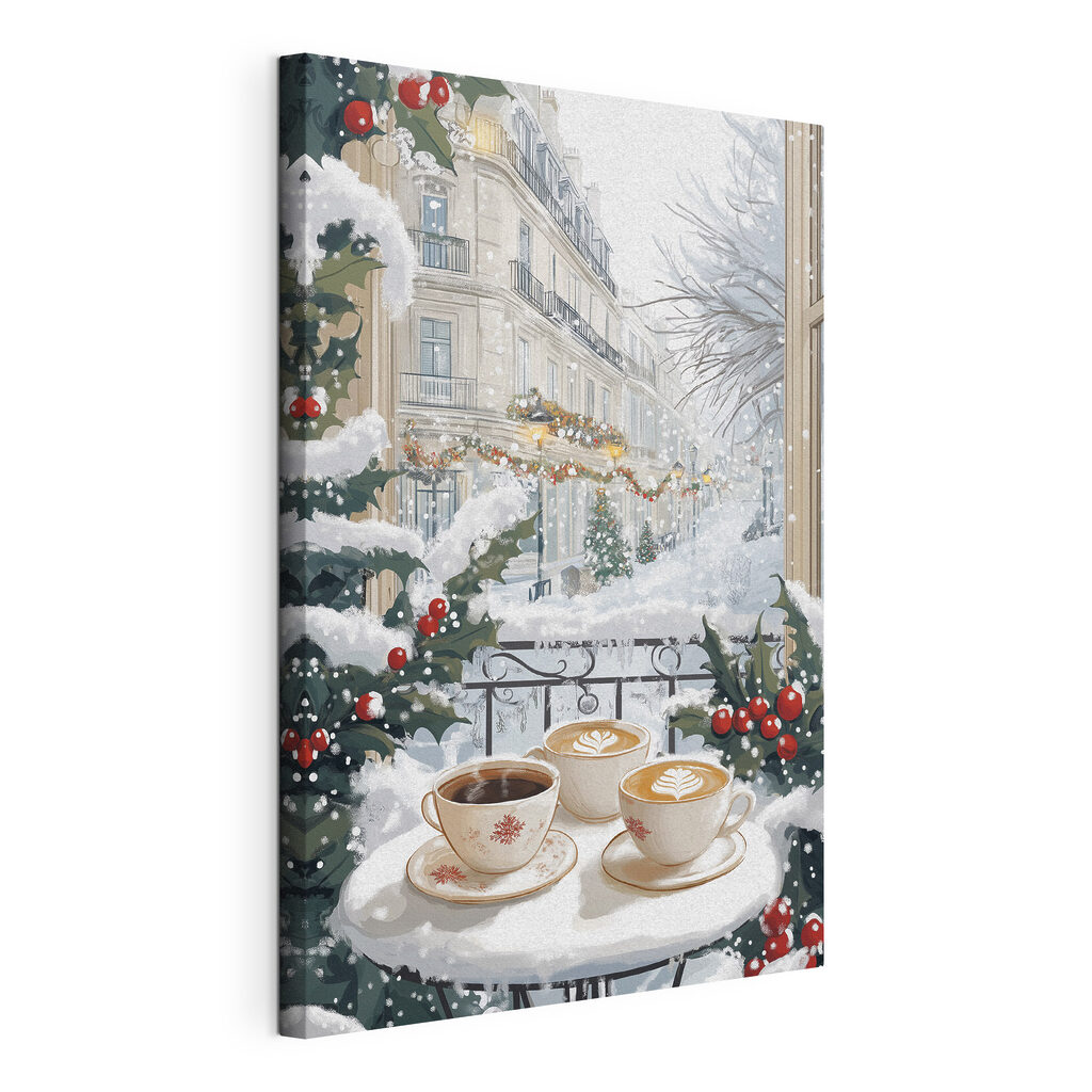 Koffietafel tussen besneeuwde hulsttakken, gespannen canvas met doorlopende rand