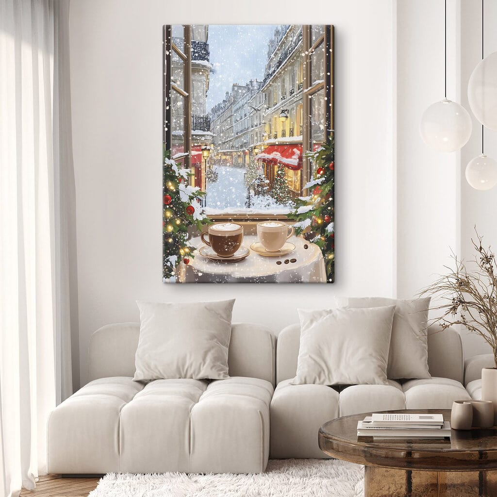 Warme kopjes aan winterraam — interieur 1