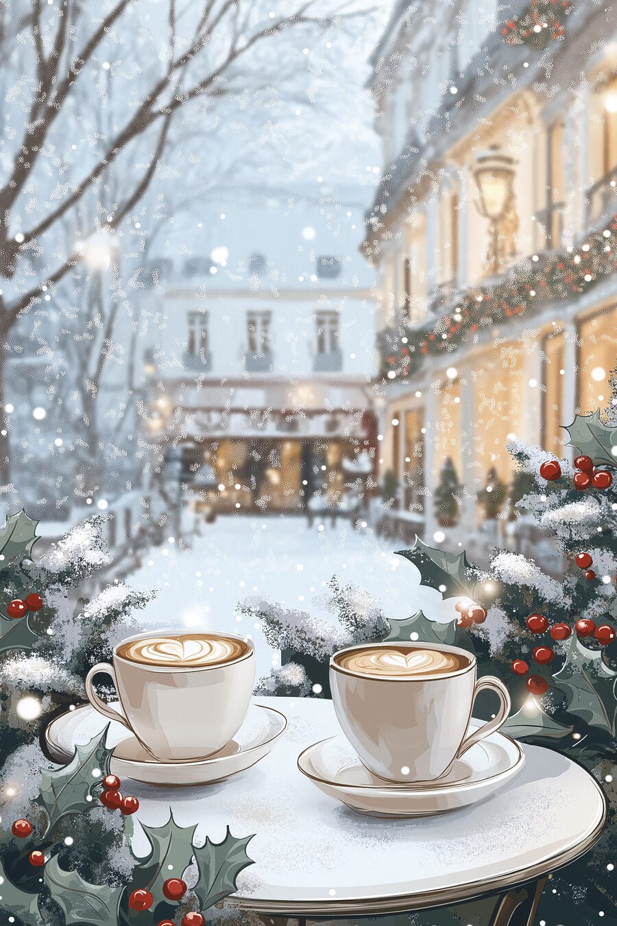 Koffie bij verlichte wintergevels — volledig ontwerp