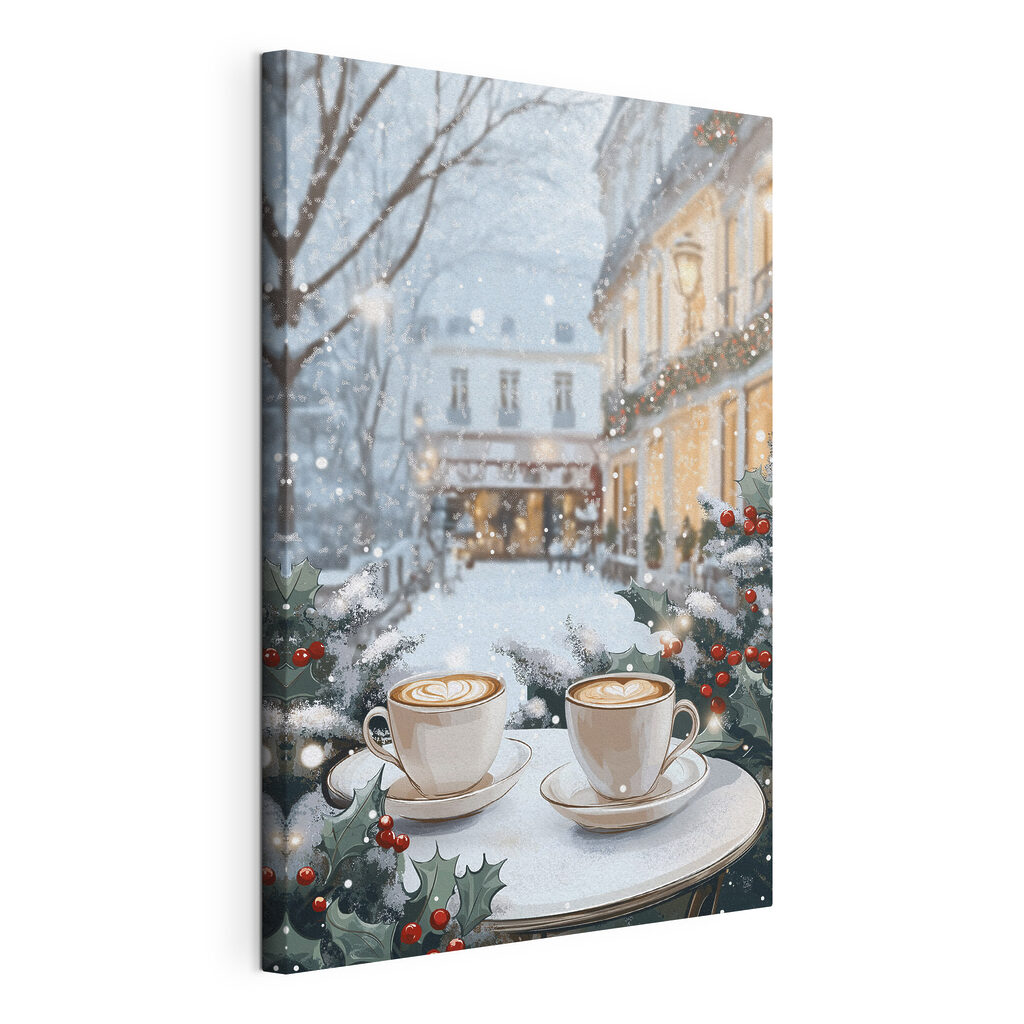 Koffie bij verlichte wintergevels, gespannen canvas met doorlopende rand