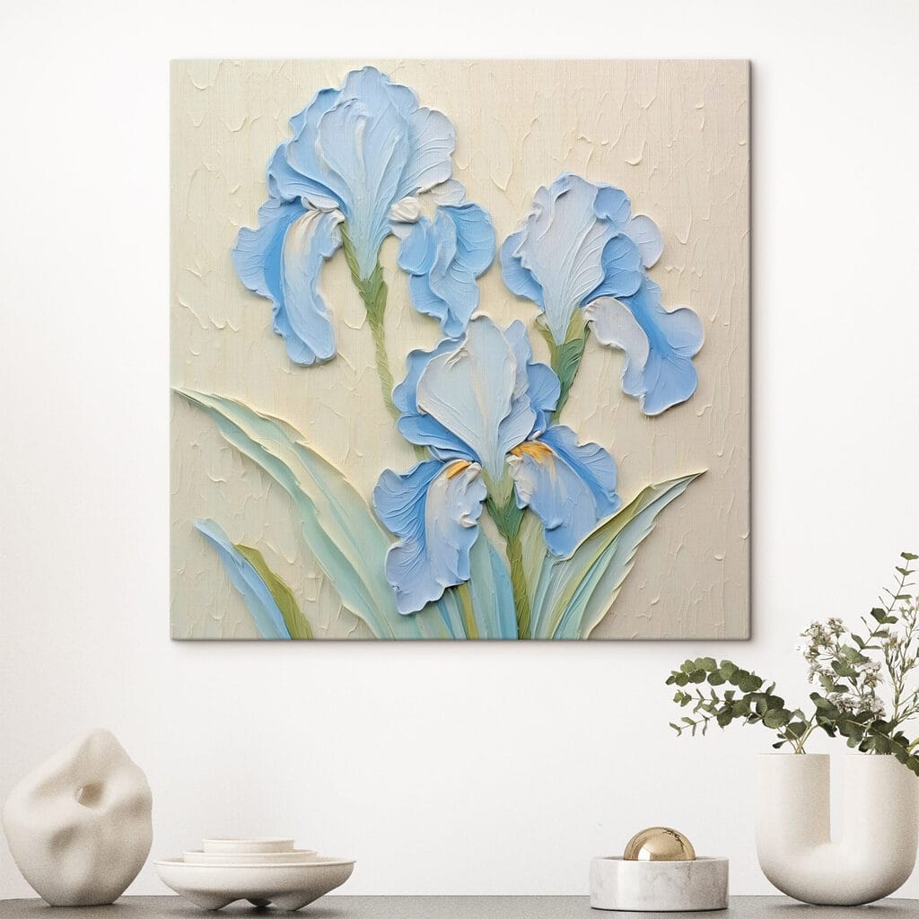 Lichtblauwe irissen op roomwit — interieur 1