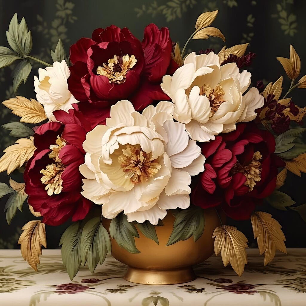 Roodwitte pioenen op zwart — volledig ontwerp