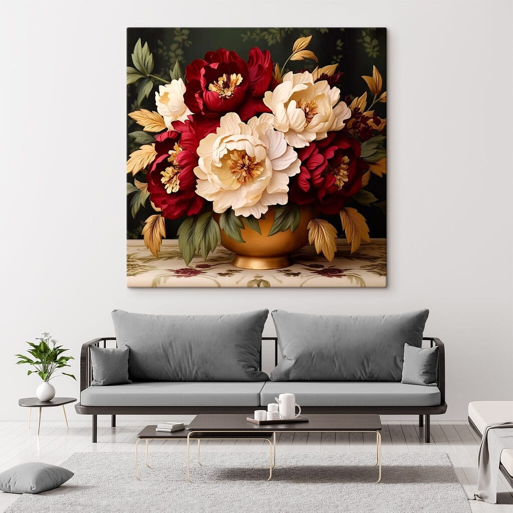 Roodwitte pioenen op zwart — interieur 2