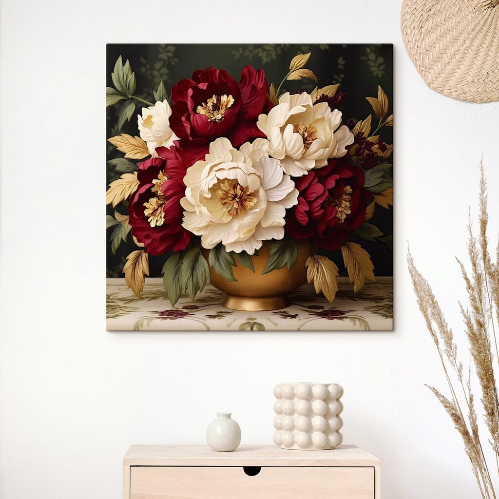 Roodwitte pioenen op zwart — interieur 1