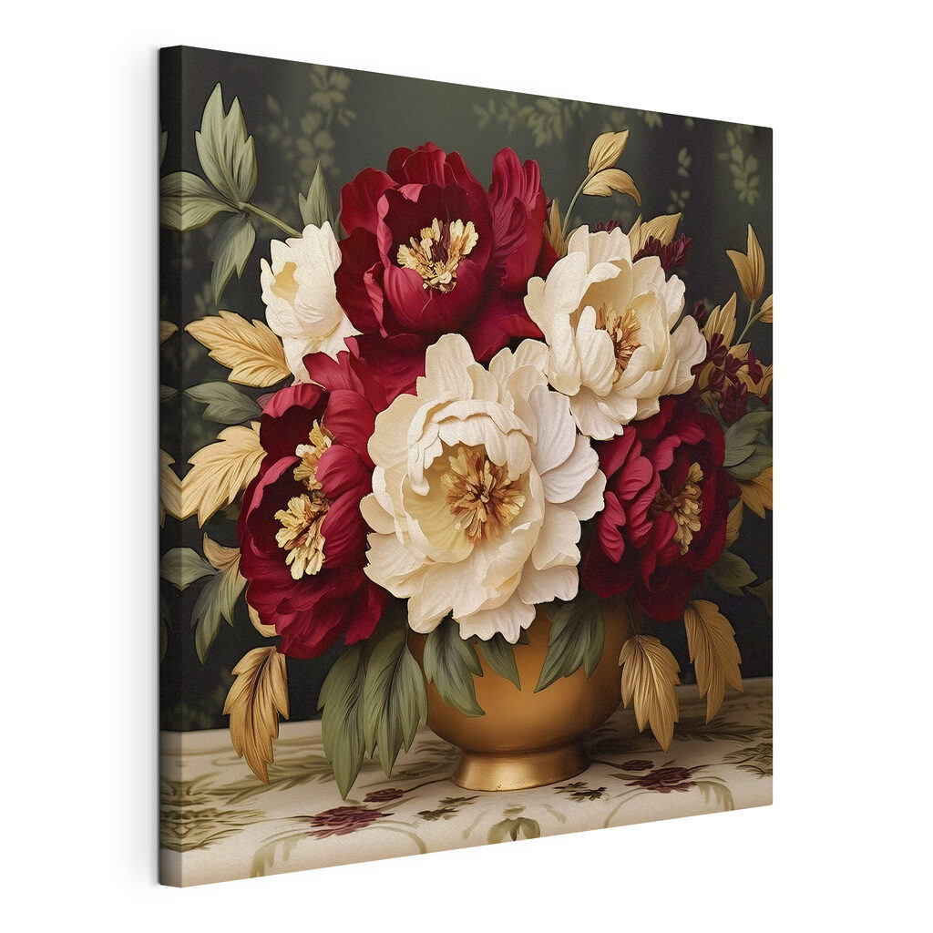 Roodwitte pioenen op zwart, gespannen canvas met doorlopende rand