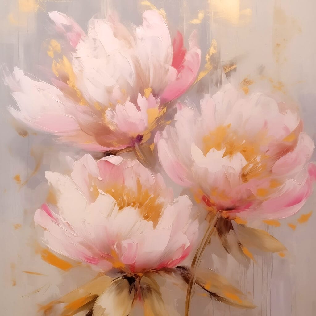 Roze pioenen met goudtoetsen — volledig ontwerp