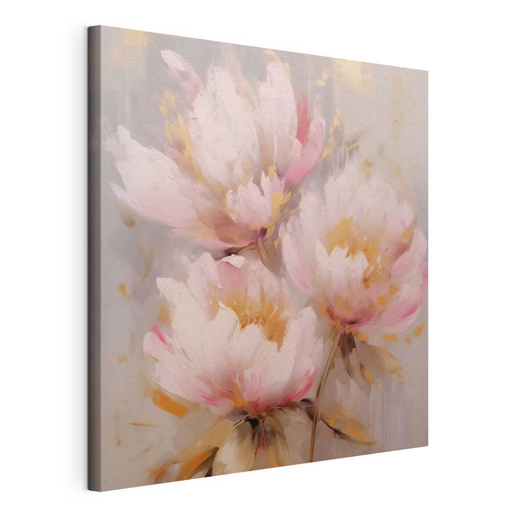 Roze pioenen met goudtoetsen, gespannen canvas met doorlopende rand