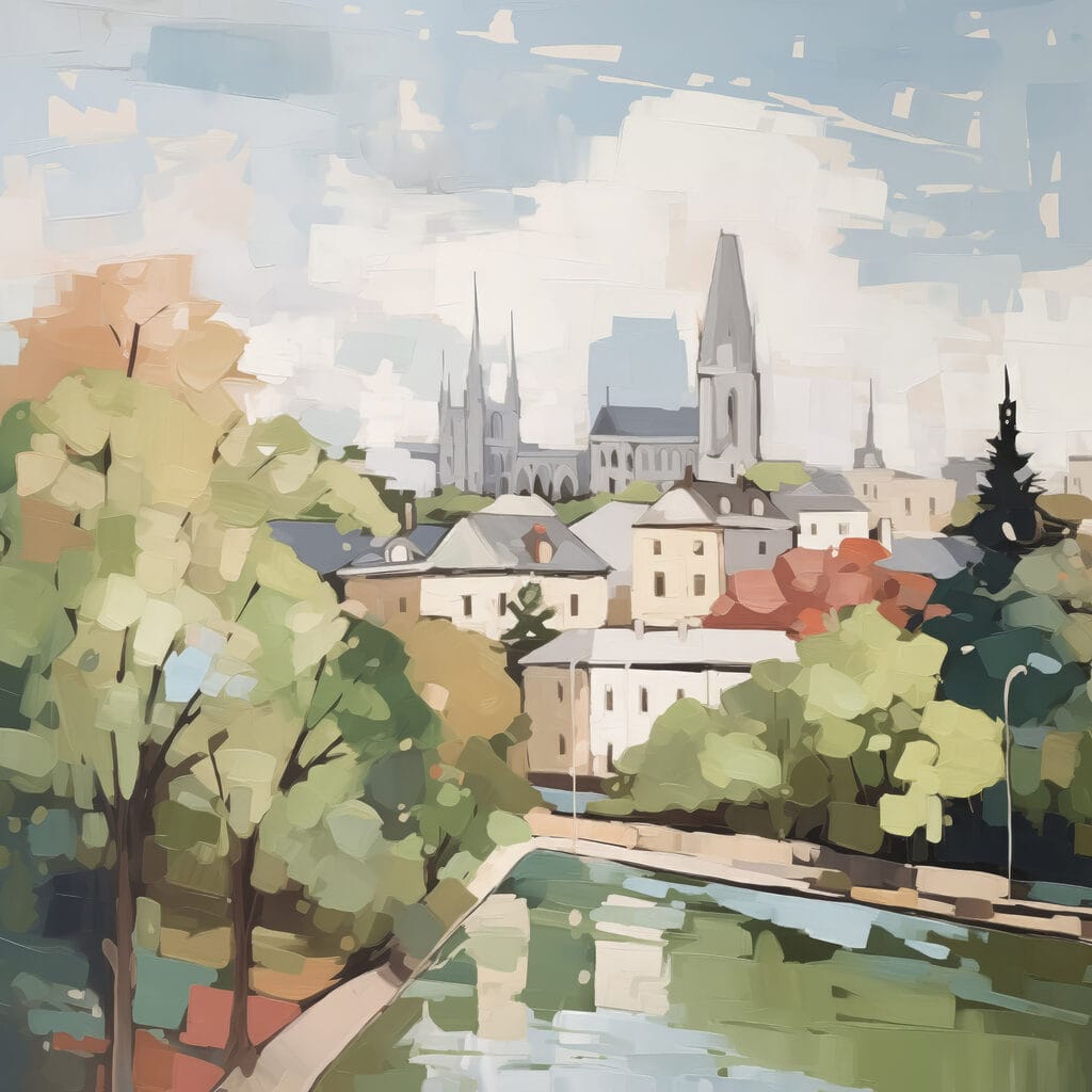 Stad aan groene rivier — volledig ontwerp