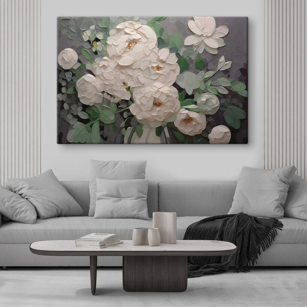 Roomwitte pioenen tussen grijsgroen — interieur 2