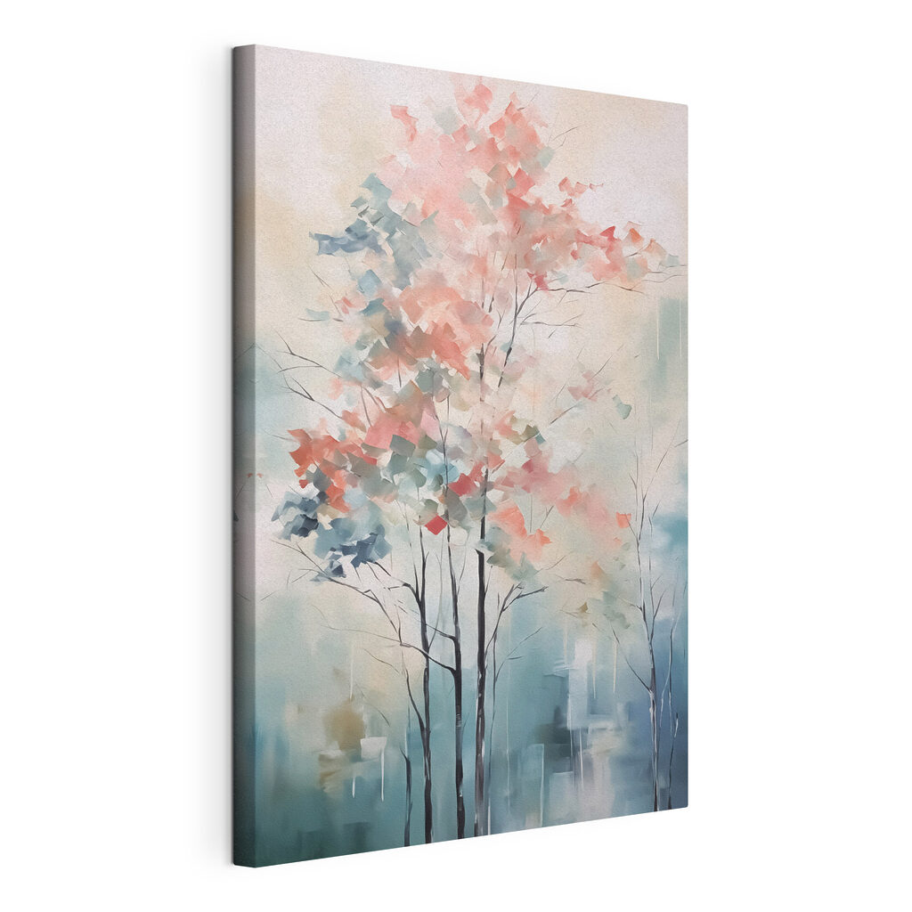 Roze boompjes in nevel, gespannen canvas met doorlopende rand