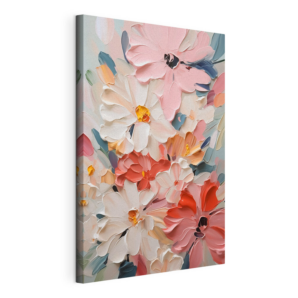 Roze bloemen in kleurvlakken, gespannen canvas met doorlopende rand