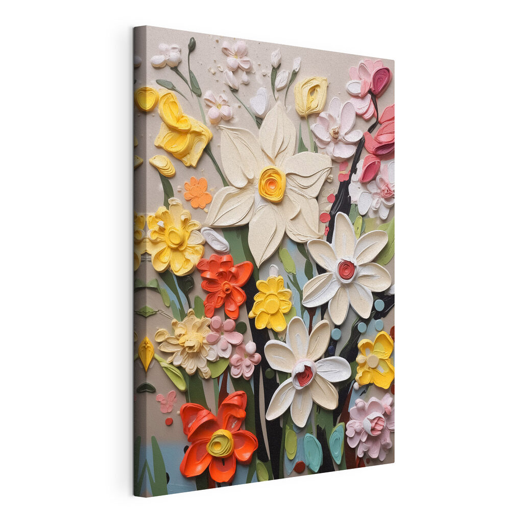Vrolijke bloemen op donkergrijs, gespannen canvas met doorlopende rand