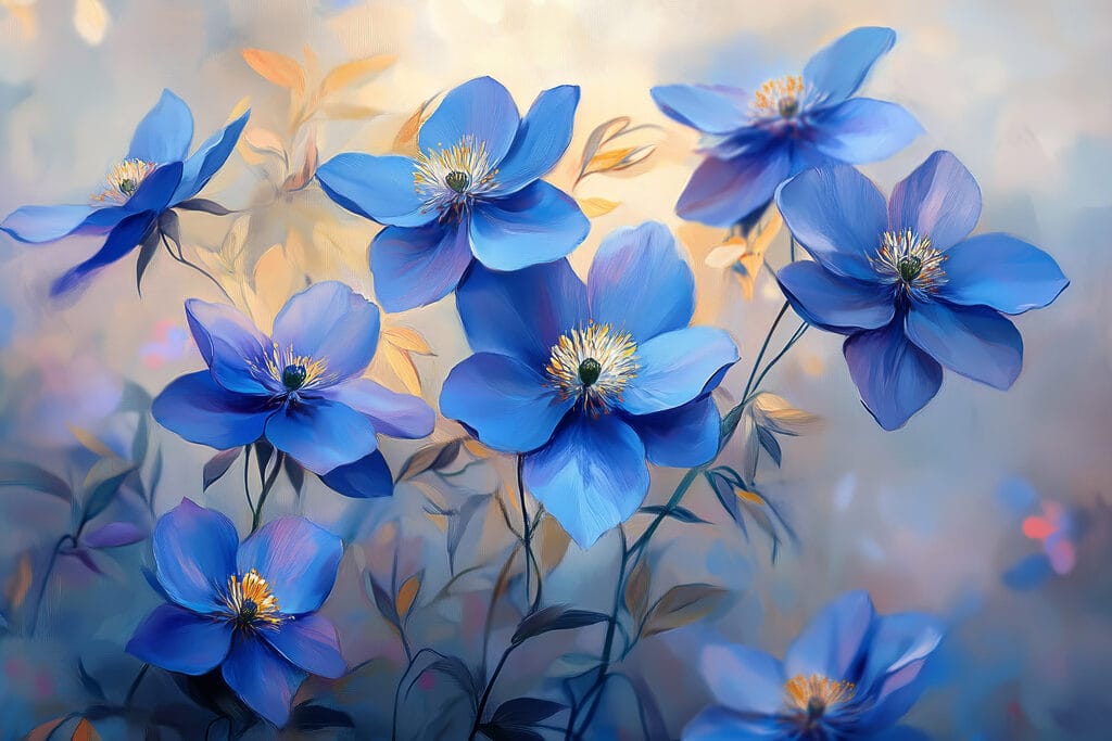 Blauwe bloemen, goudkleurige bladeren — volledig ontwerp