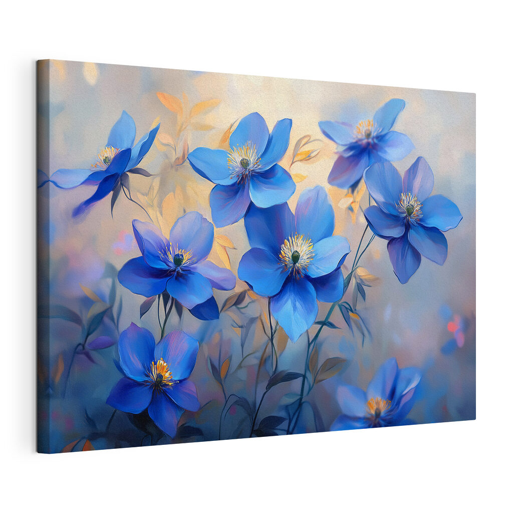 Blauwe bloemen, goudkleurige bladeren, gespannen canvas met doorlopende rand
