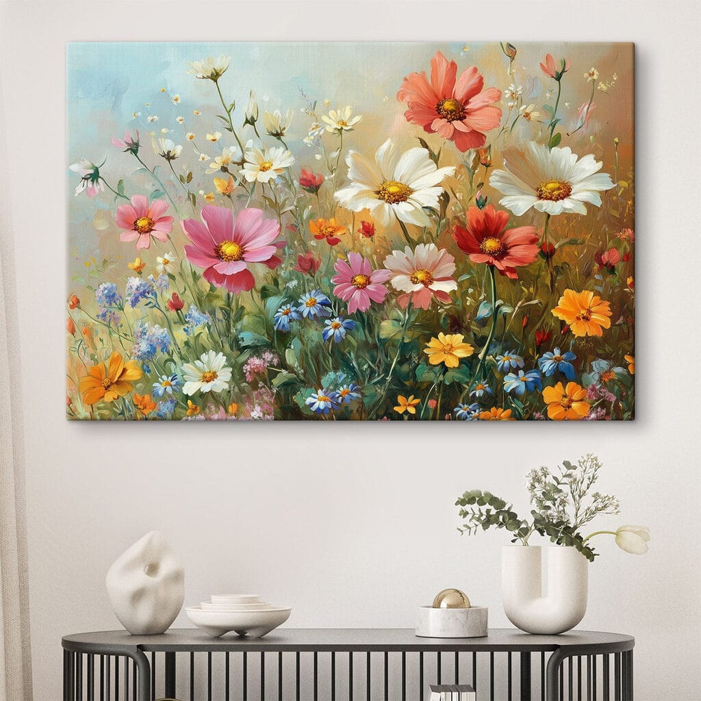 Schilderij van bloemen in een veld in een interieur