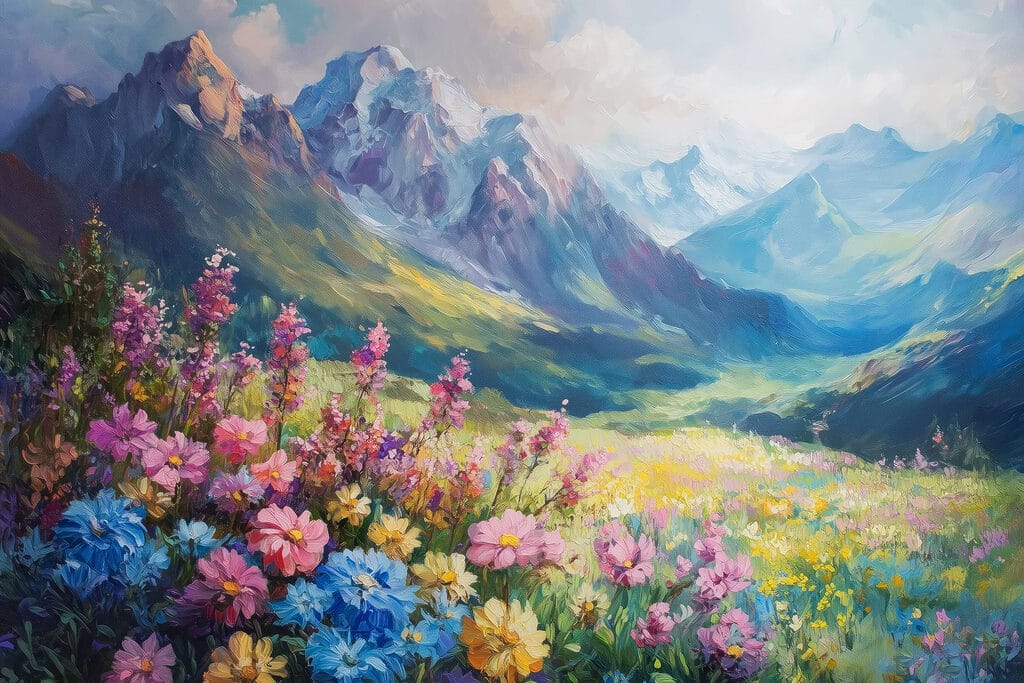 Bloemenweide in blauwe bergvallei — volledig ontwerp