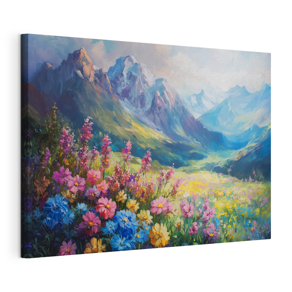 Bloemenweide in blauwe bergvallei, gespannen canvas met doorlopende rand