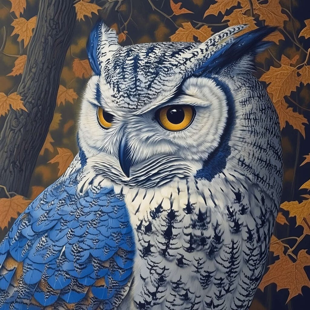 Blauwe oehoe tussen herfstbladeren — volledig ontwerp