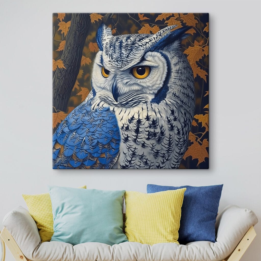 Blauwe oehoe tussen herfstbladeren — interieur 1