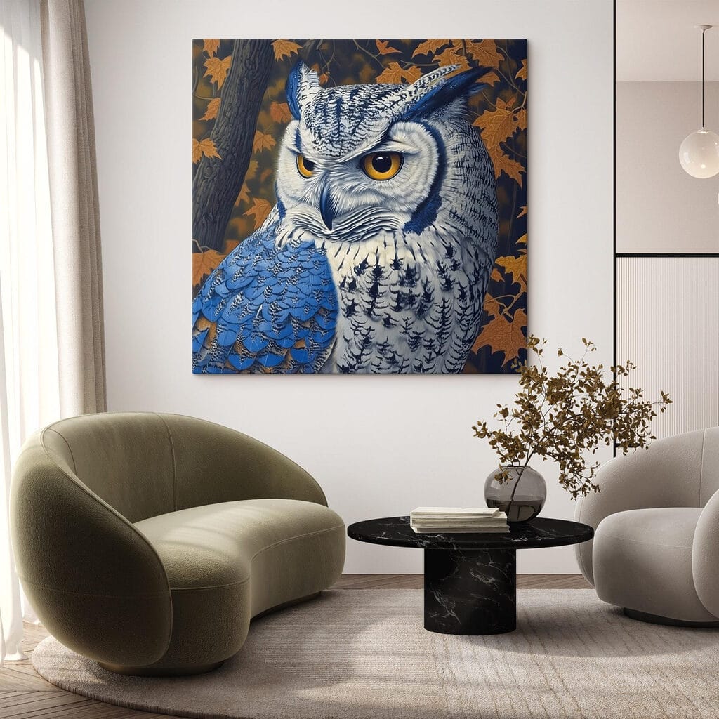Blauwe oehoe tussen herfstbladeren — interieur 2