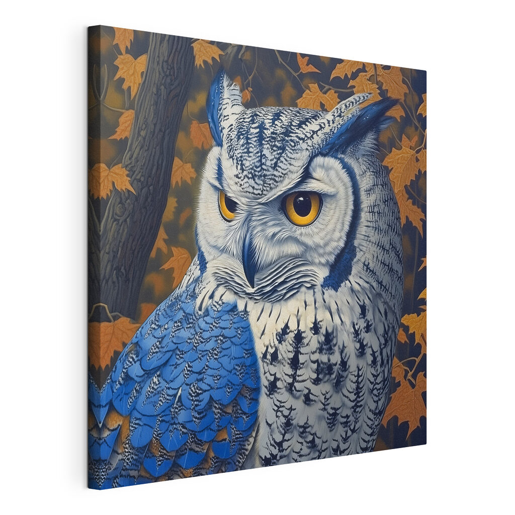 Blauwe oehoe tussen herfstbladeren, gespannen canvas met doorlopende rand